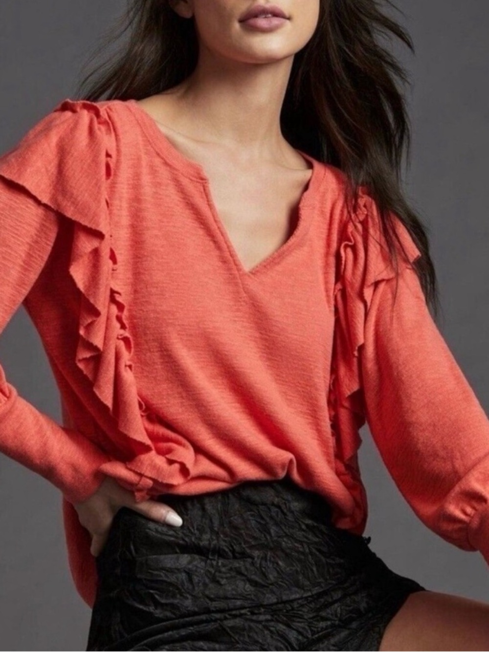 Pilcro Coral Ruffle V-Neck Sweater